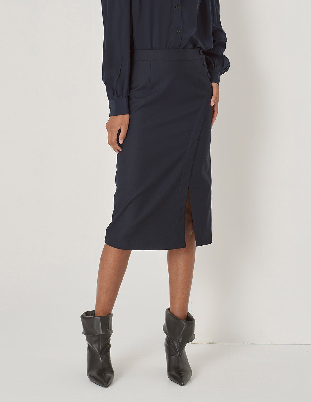 MARYLING Dark Blue Curved Line Slit Detail Straight Skirt