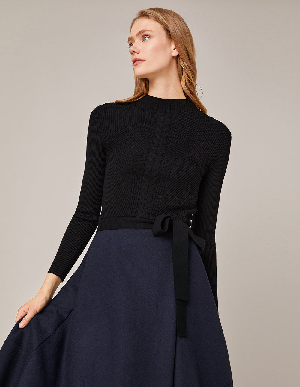MARYLING Rib-Knit Spliced Pleated Midi Dress