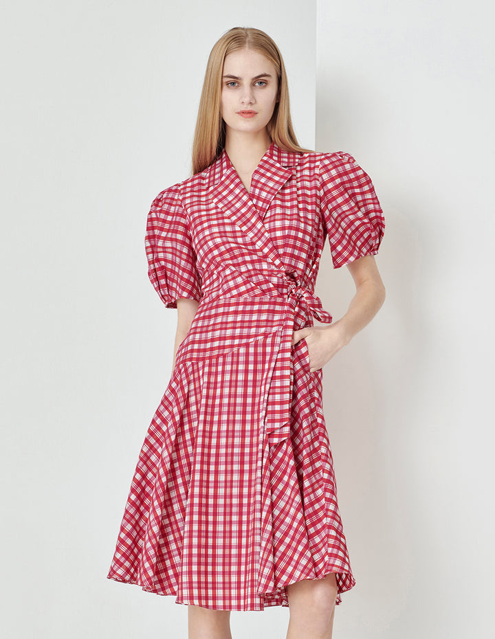 MARYLING Rose pink plaid suit collar puff sleeves plaid dress