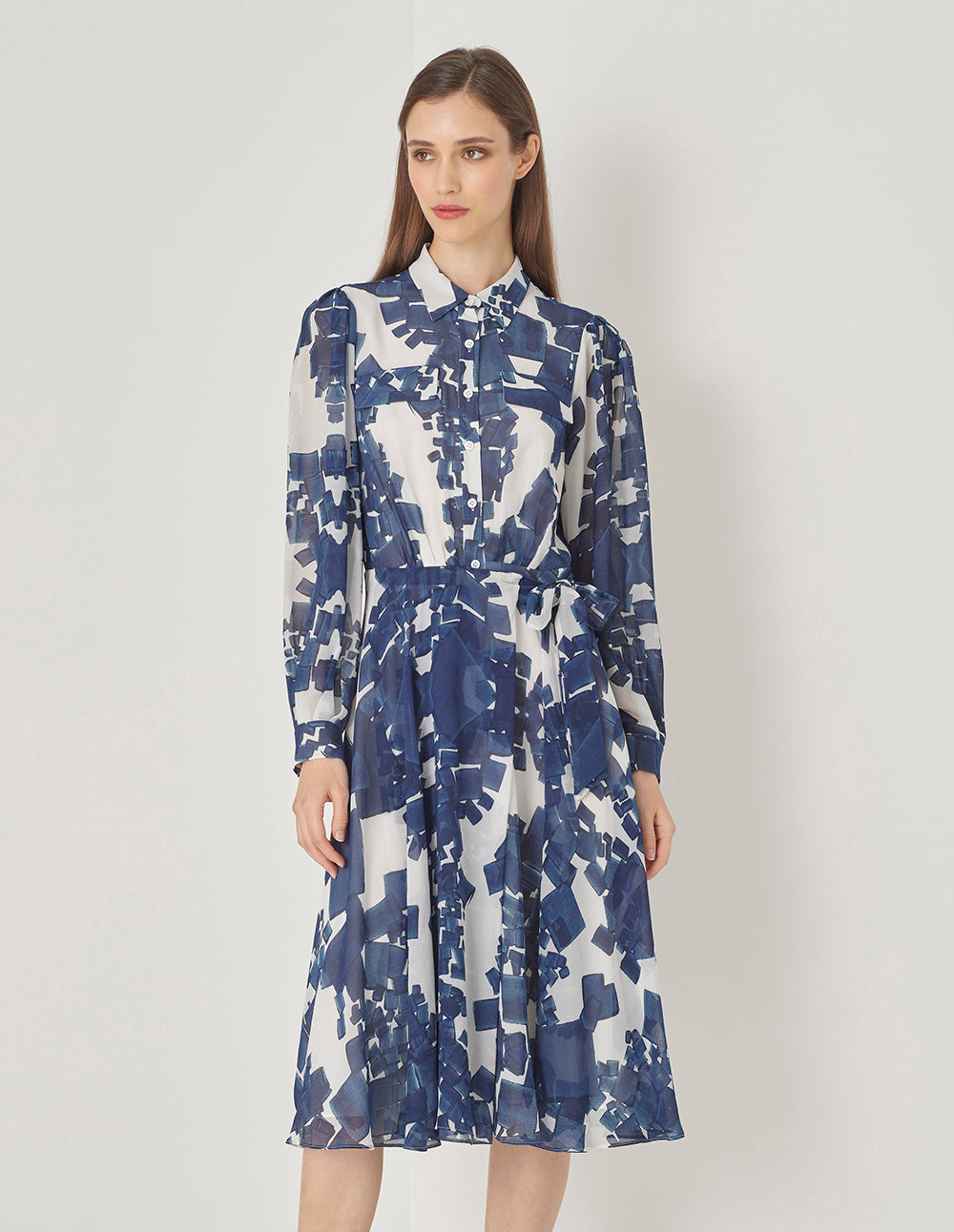 MARYLING Blue And White Grit Collar Blue Plaid Georgette Dress