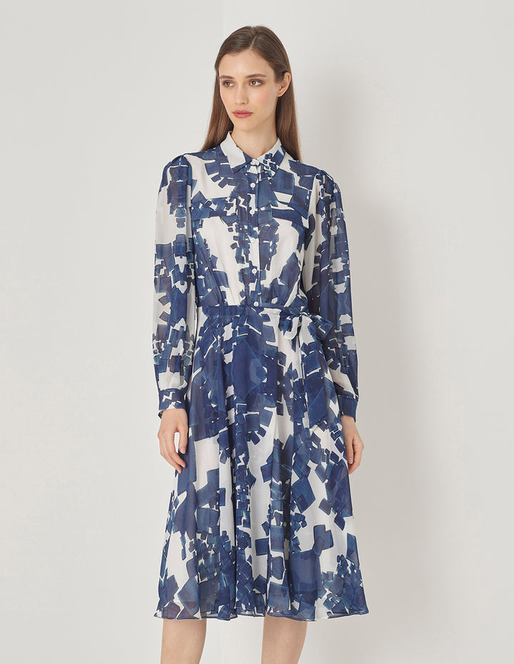 MARYLING Blue And White Grit Collar Blue Plaid Georgette Dress