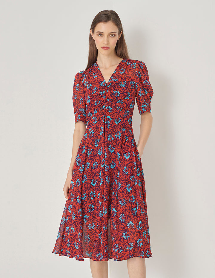 MARYLING Red Floral Printed V-Neck Pleated Dress