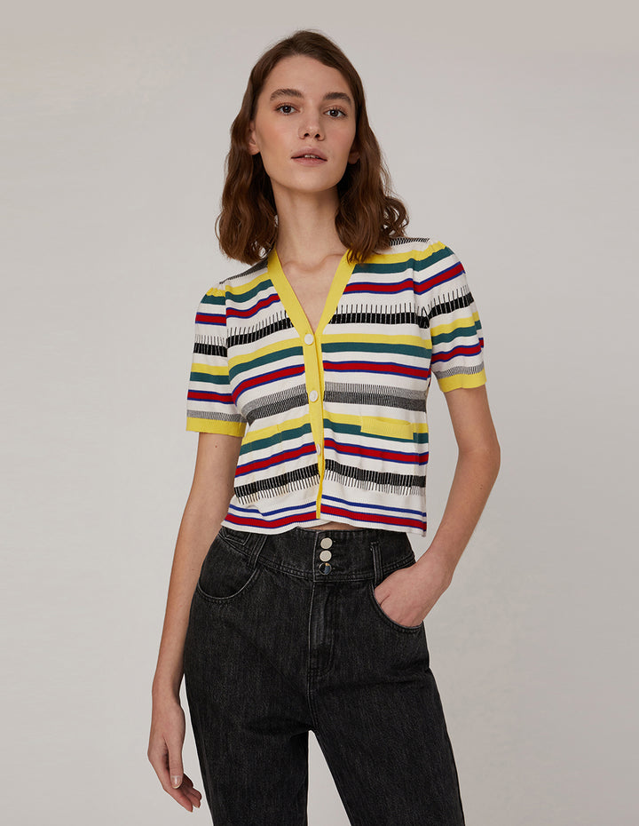 MARYLING V-Neck Striped Cropped Cardigan