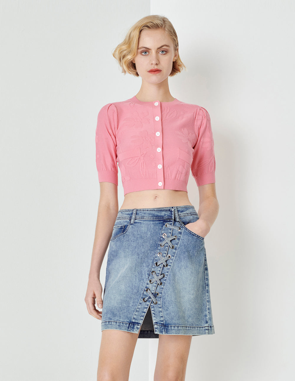 MARYLING Denim Blue Asymmetric Lace-Up Denim Skirt