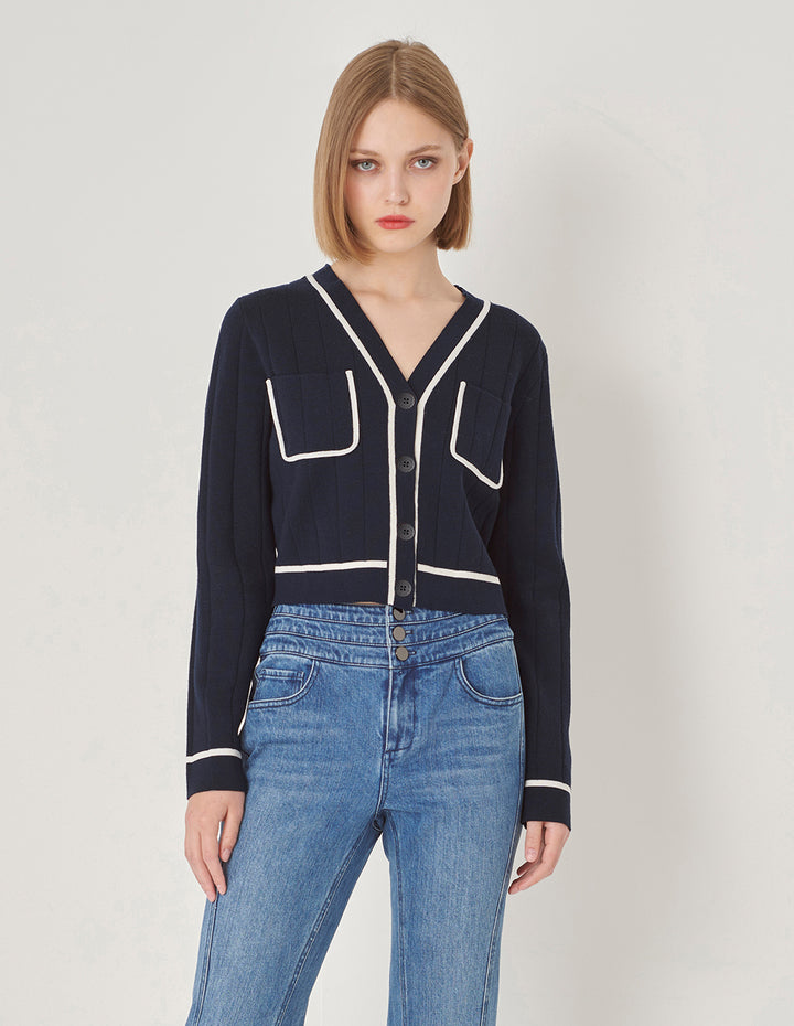 MARYLING Dark Blue Knitted Cardigan With White Trim