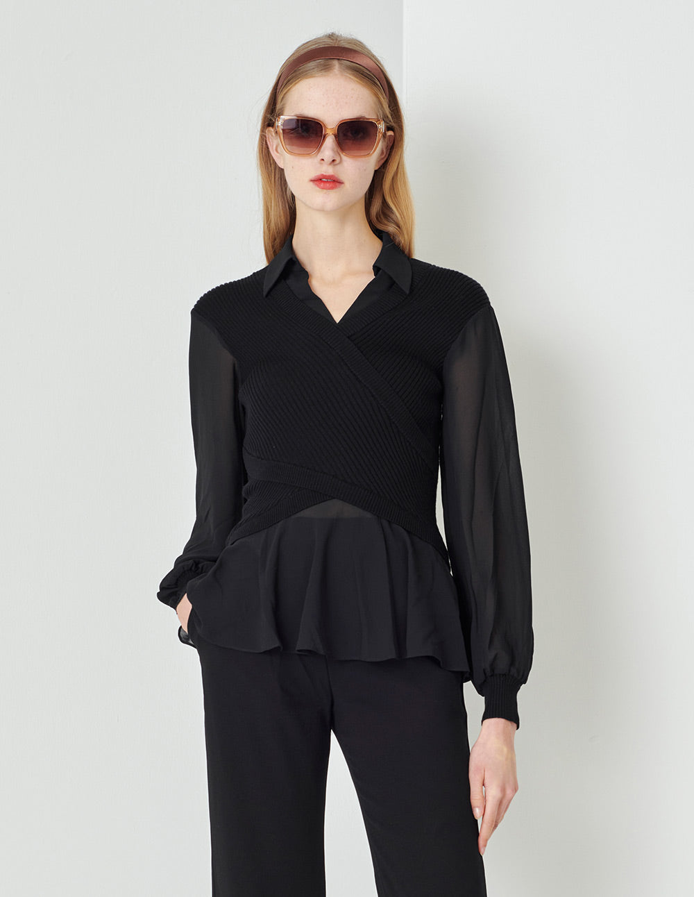 MARYLING  Classic Black Shirt Collar A Line Knitted Top