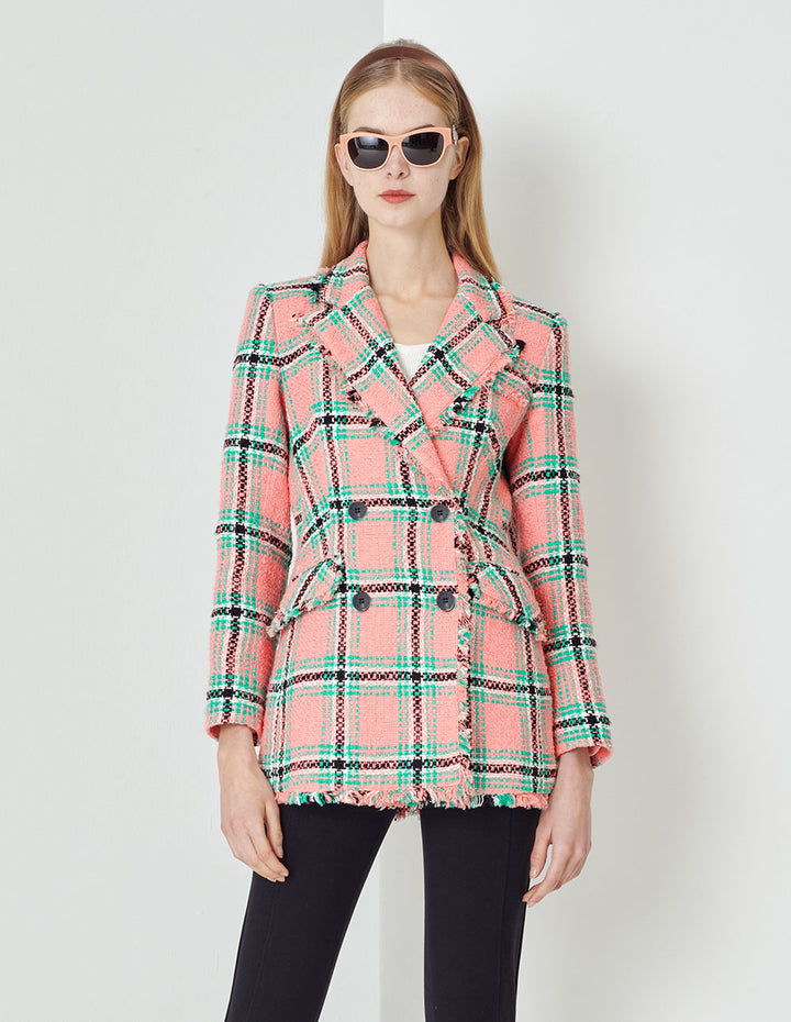 MARYLING Lapel Collar Pink And Green Plaid Double-Breasted Retro Blazer