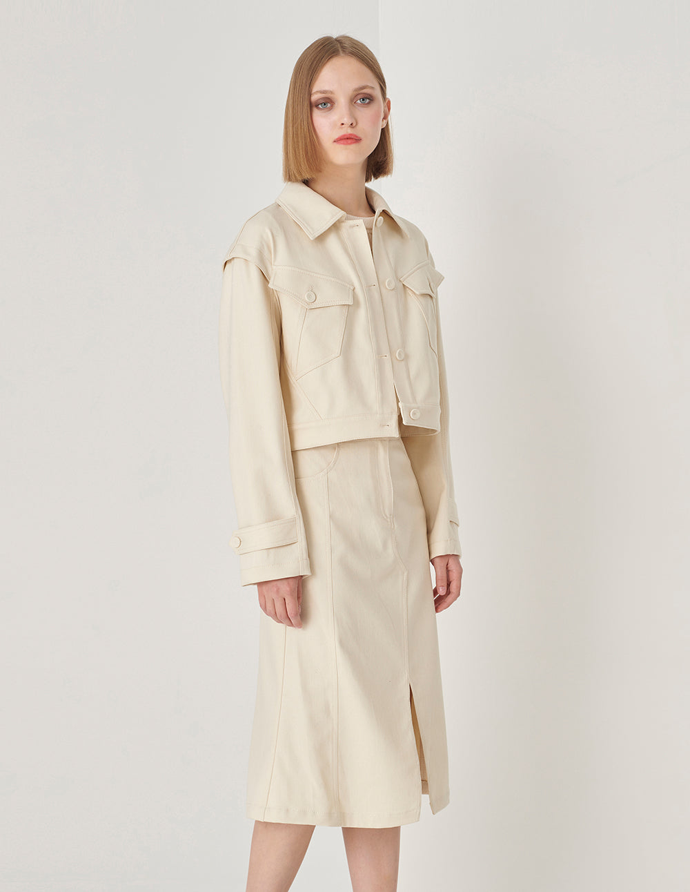 MARYLING White Slanted Pocket Cropped Jacket