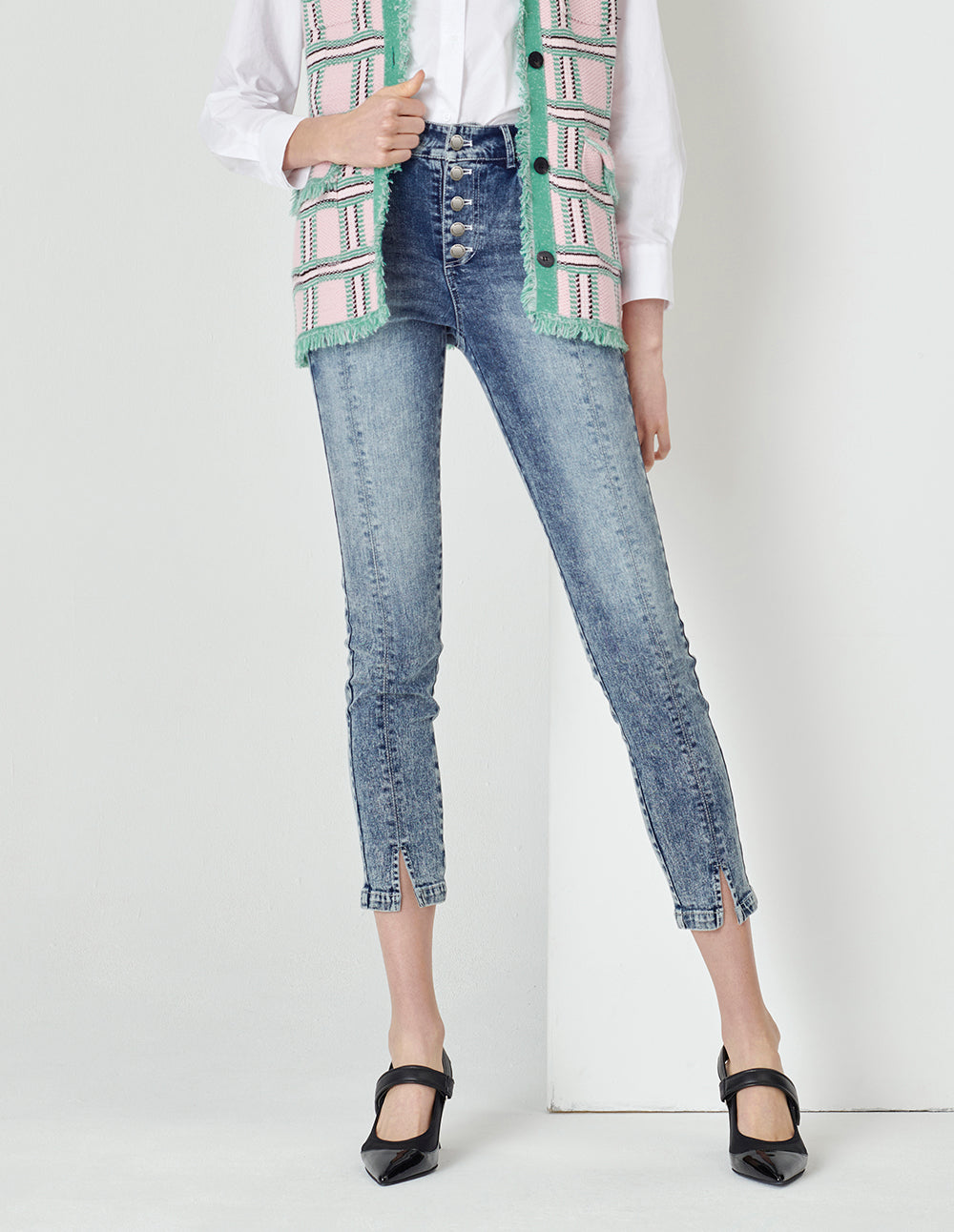 MARYLING Denim Blue Metal Decorative Buckle Skinny Denim Cropped Pants