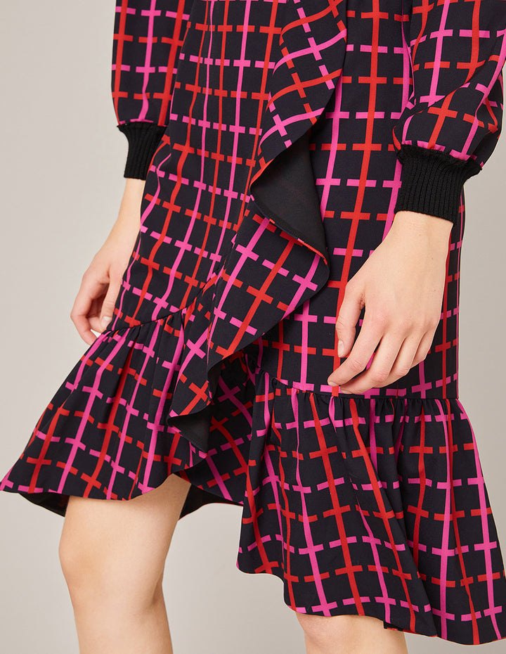 MARYLING Contrast Knit Spliced Checked Print Ruffle Dress