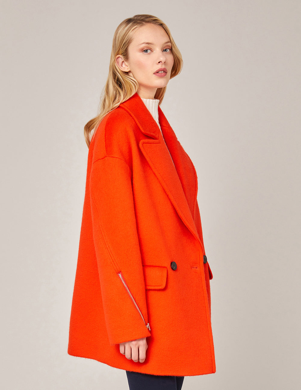 MARYLING DOUBLE-BREASTED ZIPPER SLEEVE WOOL COAT