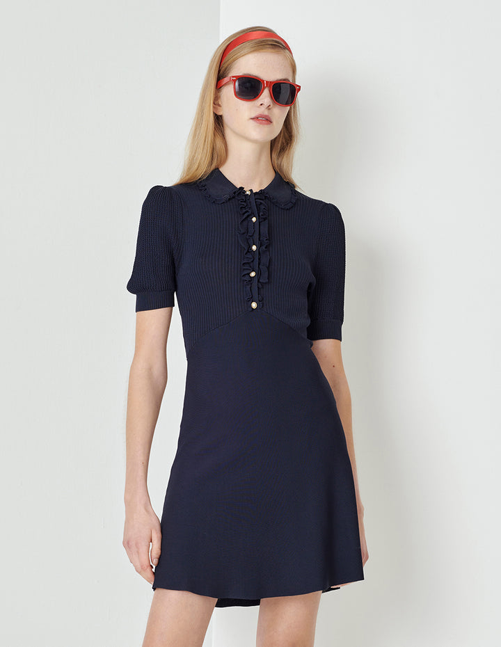 MARYLING Midnight Blue Shirt Collar Knitted Dress