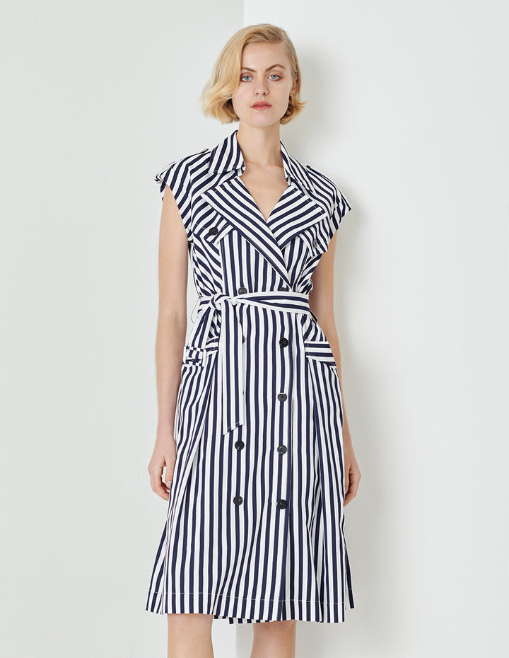 MARYLING Blue And White Striped Lapel Belted Striped Dress