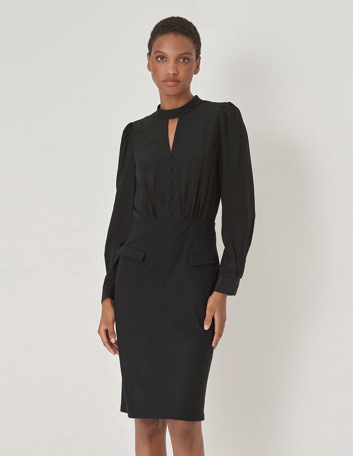 MARYLING Black Wool Silk Panel Dress