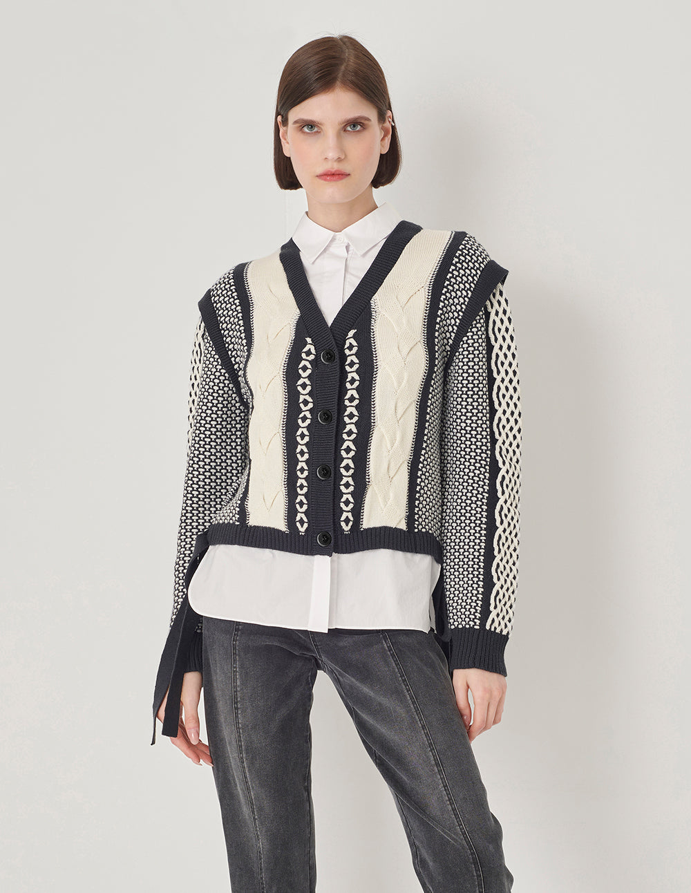 MARYLING Shirt Collar Black And White Knit Woven Cardigan