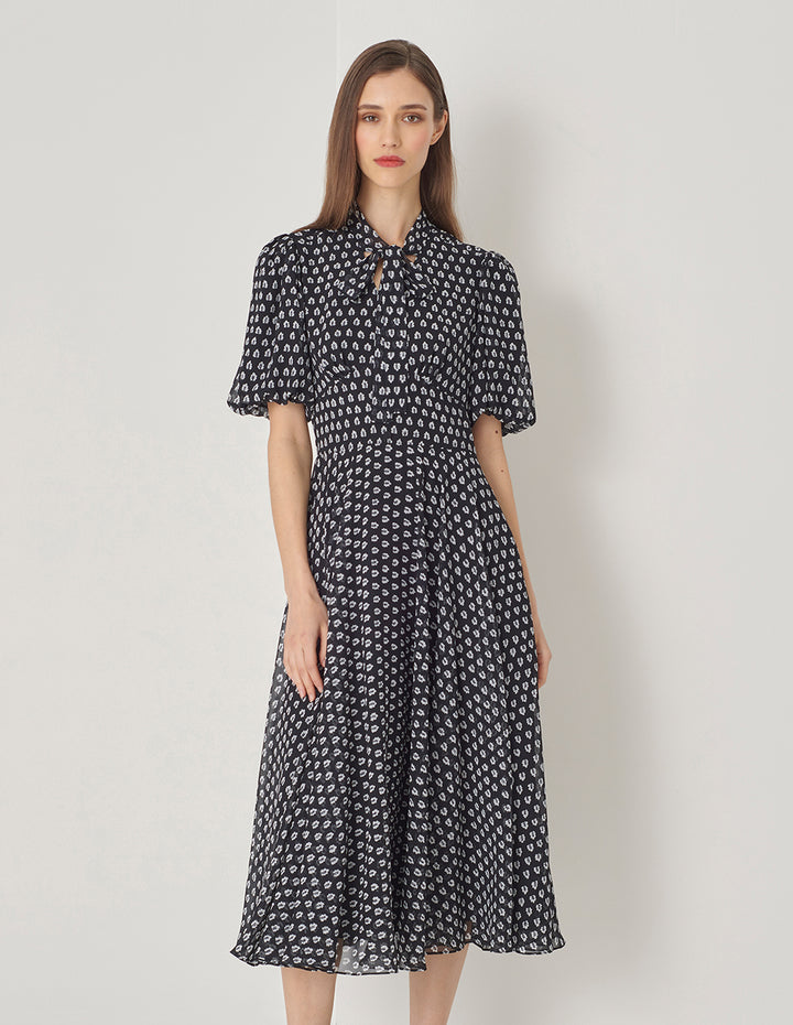 MARYLING Black And White Forest Tie Bow Shirt Dress