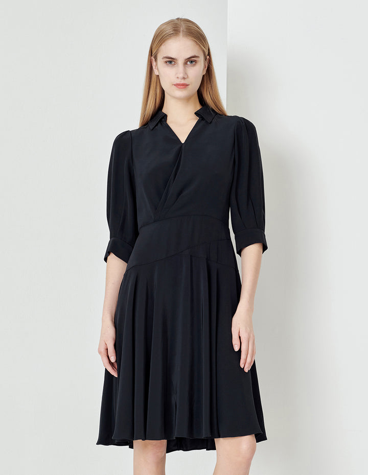 MARYLING Midnight Blue Pleated Mid-Sleeve Dress