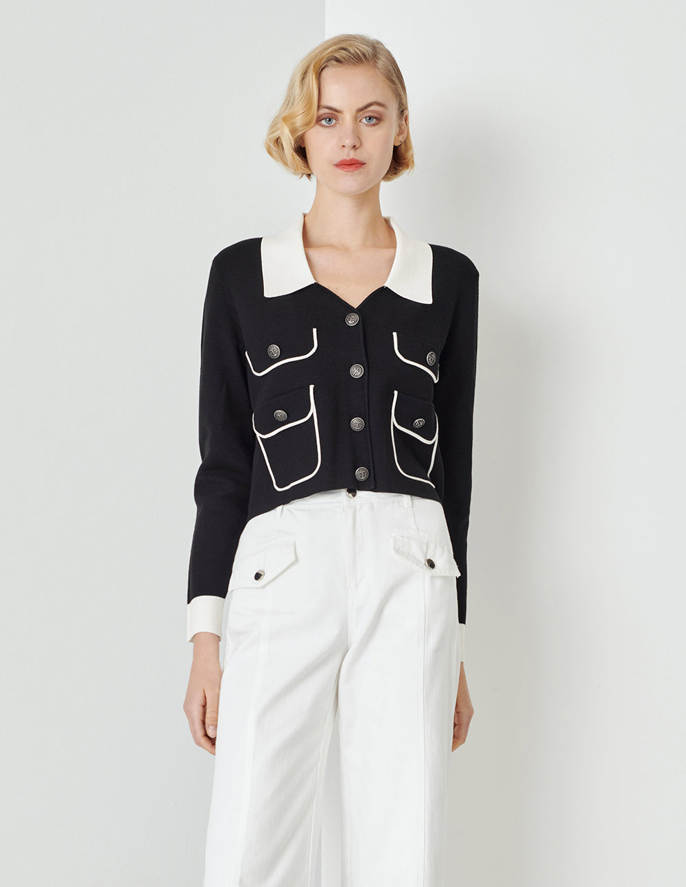 MARYLING Spring Black and White with Button Pocket Cardigan