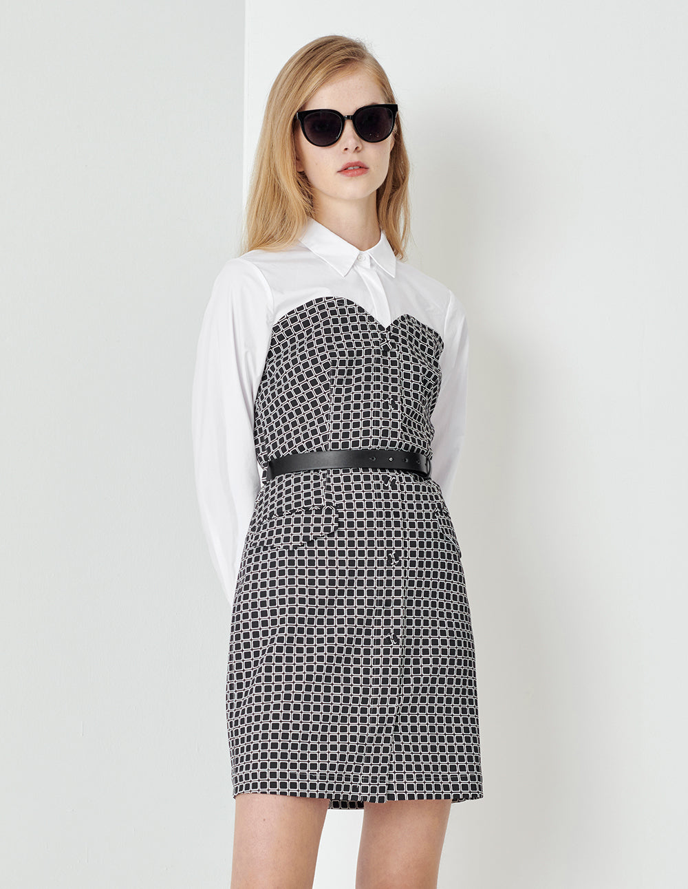 MARYLING Black And White Plaid Fake Two-Piece Spliced Contrast Colour Shirt Dress
