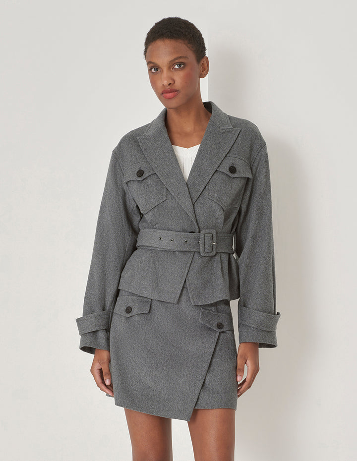 MARYLING Gray Lapel Collar Contrast Button Belted Jacket