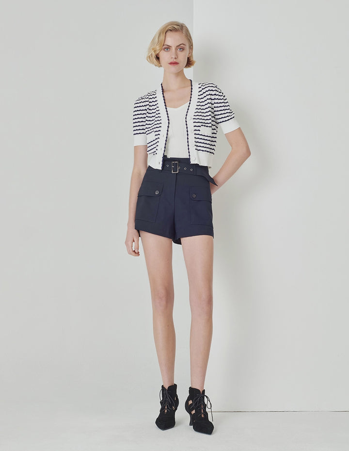 MARYLING Black And White Striped V-Neck Knitted Cardigan