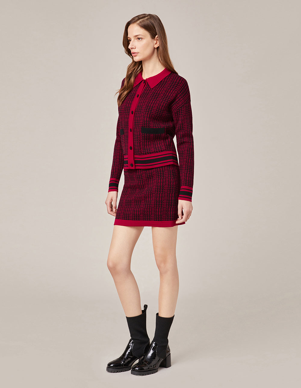 MARYLING BLACK & RED HOUNDSTOOTH KNITTED SKIRT
