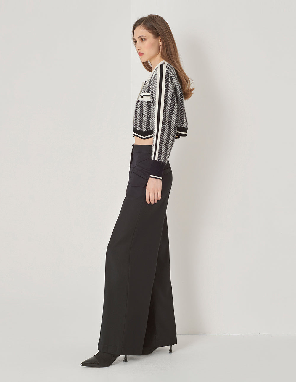 MARYLING Black Gray Small Lapel Knit Cardigan