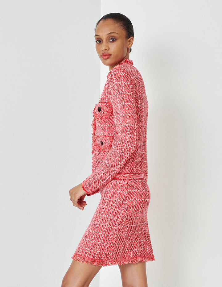 MARYLING  V-Neck Red And Pink Plaid Elegant Knitted Cardigan