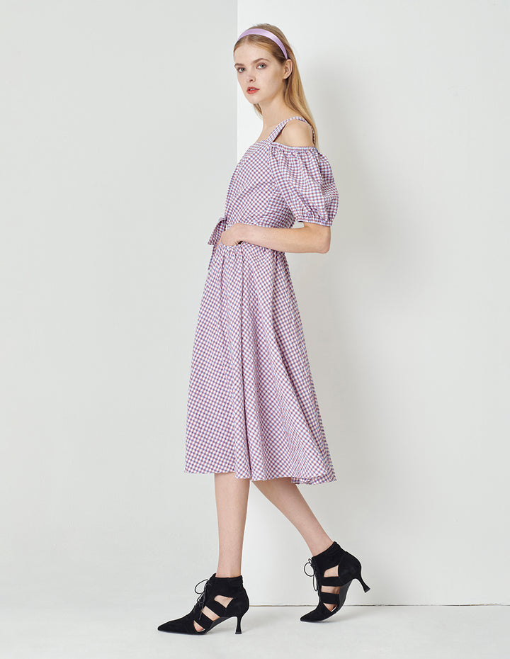 MARYLING Light Purple Checkered V-Neck Puff Sleeves Bowknot Decorated Dress
