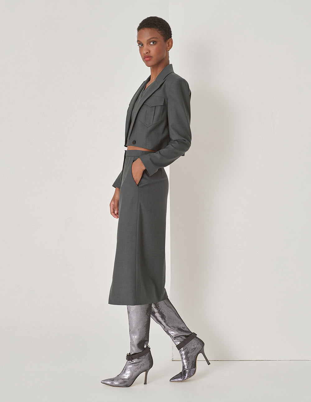 MARYLING Grey Blue Hem Curved Design Retro Blazer