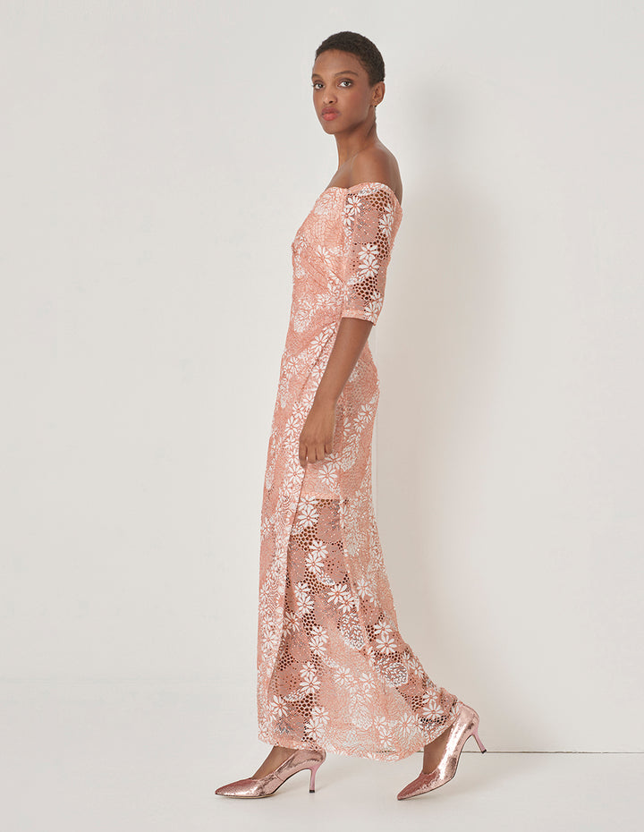 MARYLING Pink One-Line Neckline Fishtail Lace Dress