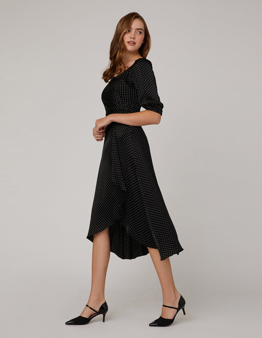 MARYLING V Neck Black Polka Dot Dress