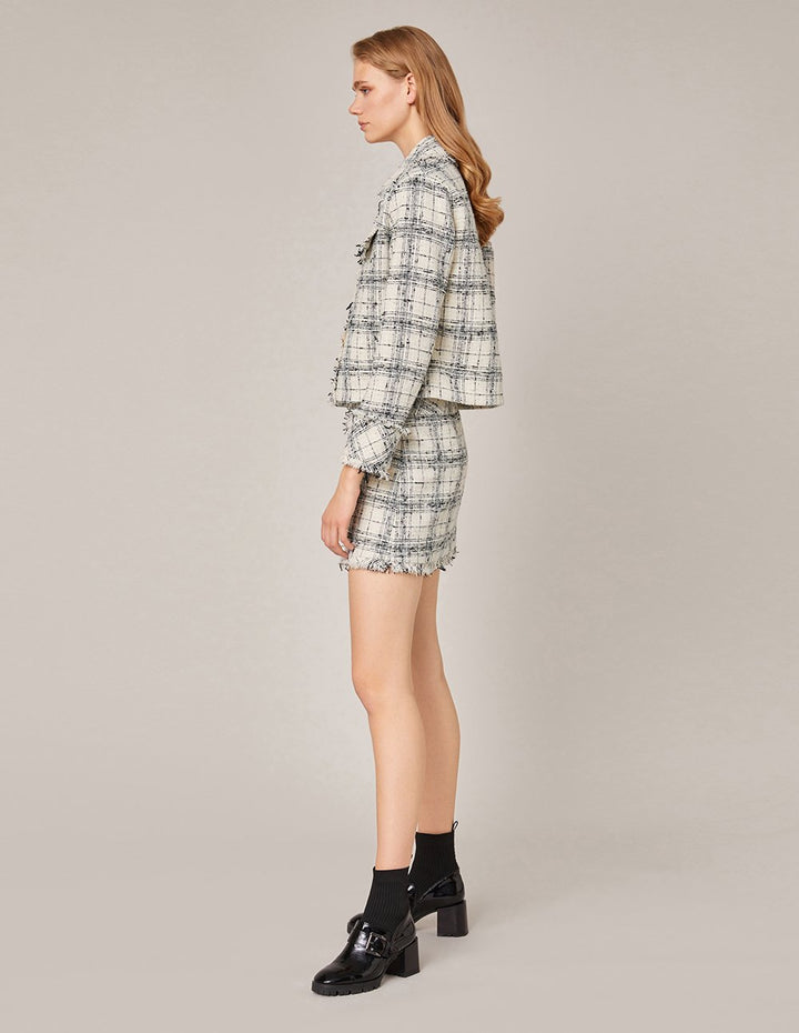 MARYLING PLAID TWEED FRINGE HEM MINI SKIRT