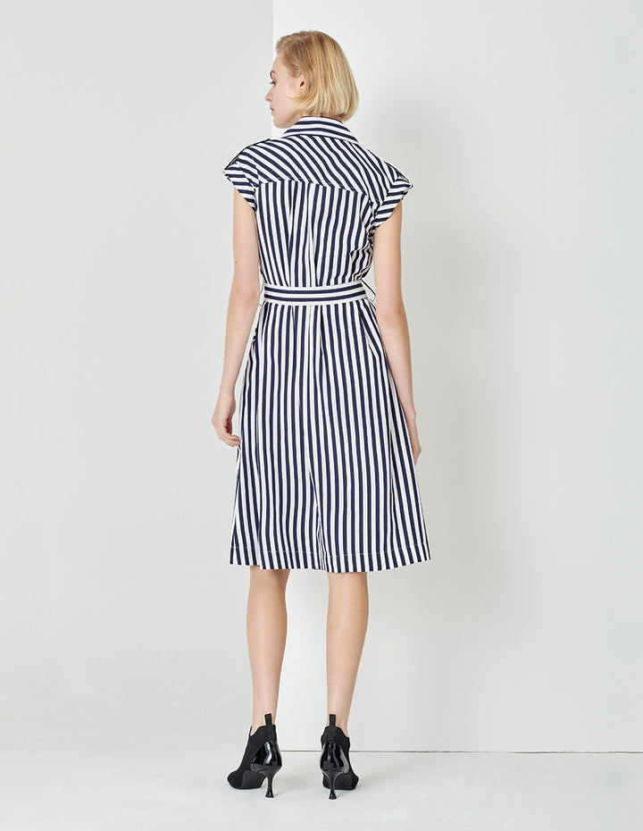 MARYLING Blue And White Striped Lapel Belted Striped Dress