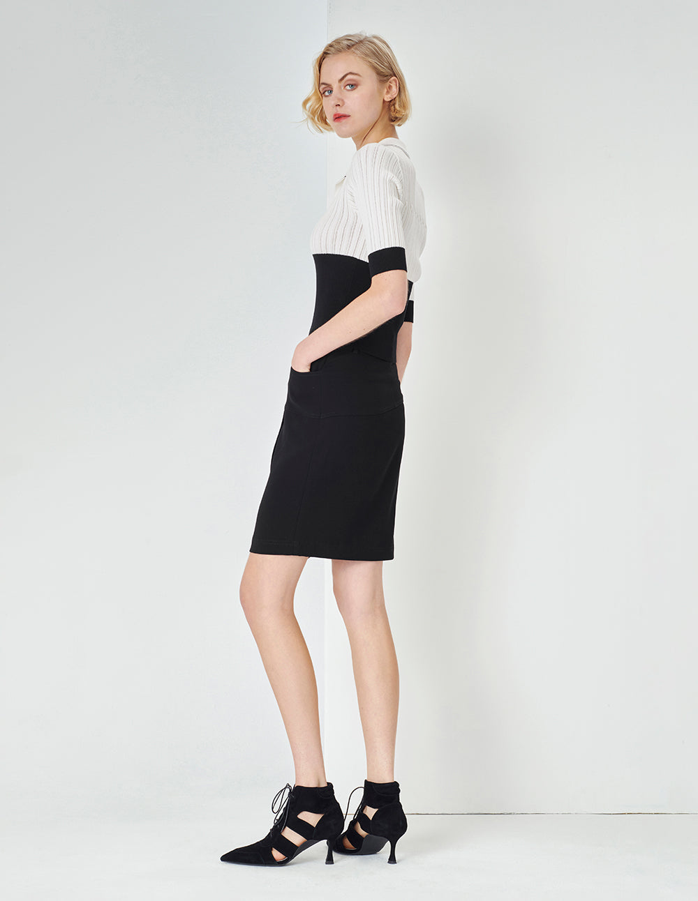 MARYLING White Tee Collar Colour block Knit Sweater