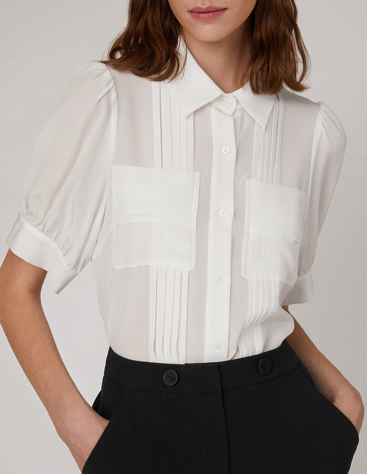 MARYLING Pleated Design Chest Pocket And Puff Sleeves