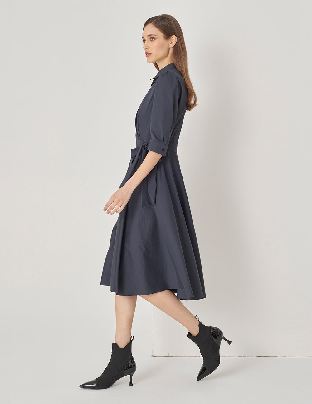 MARYLING Midnight Blue Shirt Neck V-Shaped Overlap Knotted Navy Dress
