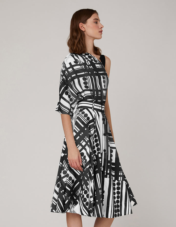 MARYLING Black white polka dots striped prints sloping shoulder