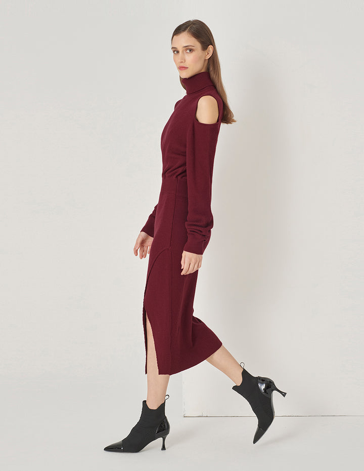 MARYLING Burgundy Red Turtleneck Off-The-Shoulder Long-Sleeve Knitted Dress