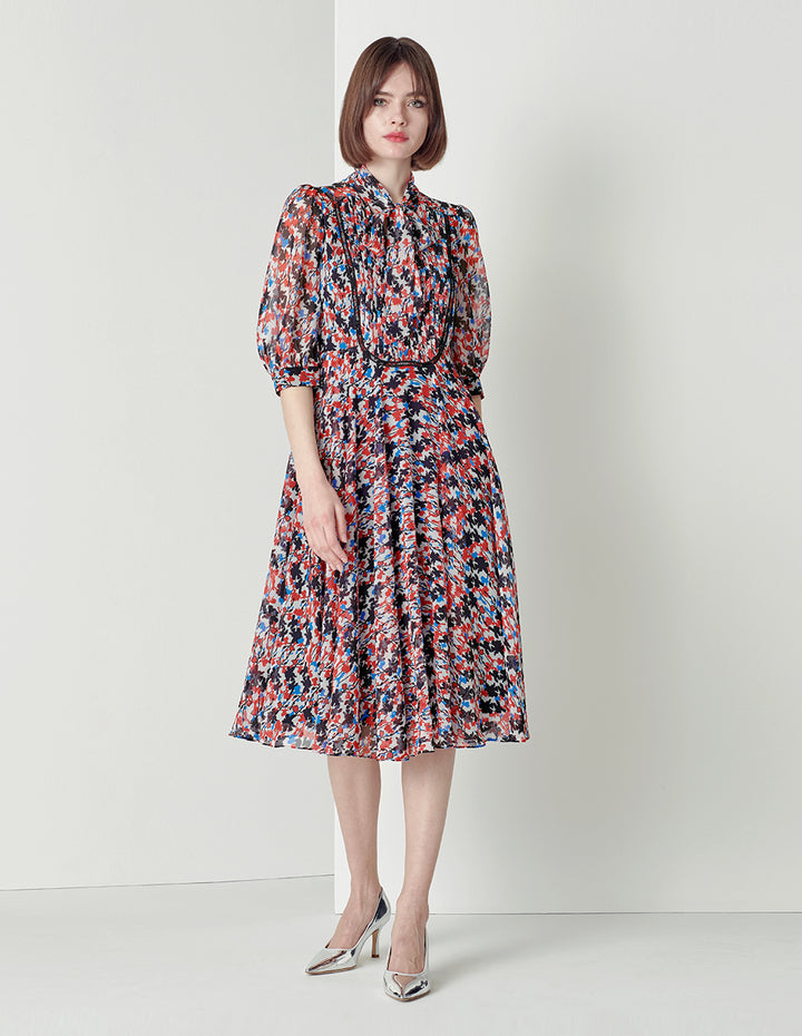 MARYLING V-Neck Tie Puffed Sleeves Print Dress