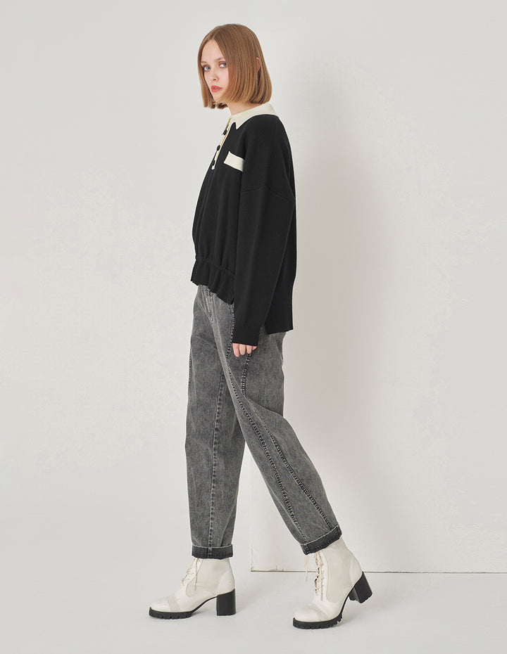MARYLING Black And White Contrast T-Shirt Collar Knitted Pullover