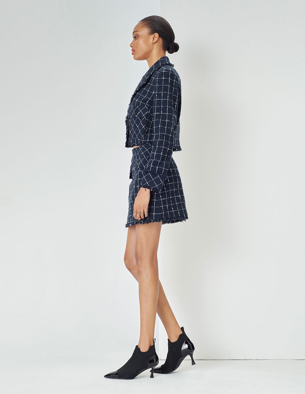 MARYLING Lapel Collar Single-Breasted Cropped Blue Blazer