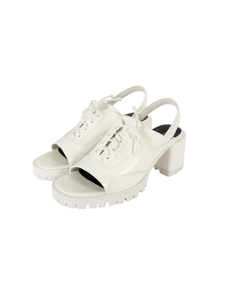 MARYLING Patent Leather Open Toe Lace Up Block Heel Slingback Shoes