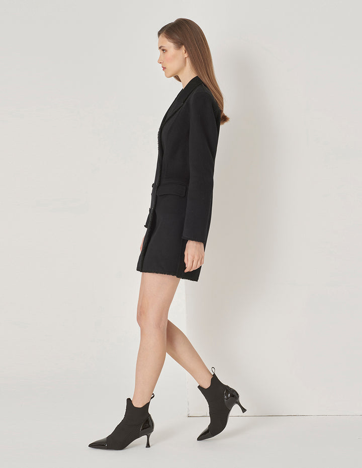 MARYLING Black Classic Suit Collar Midi Wool Coat