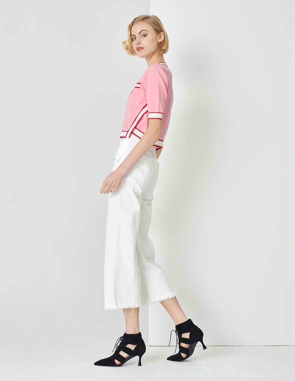 MARYLING Peach Pink Contrasting Rib-Knit Detail Cardigan