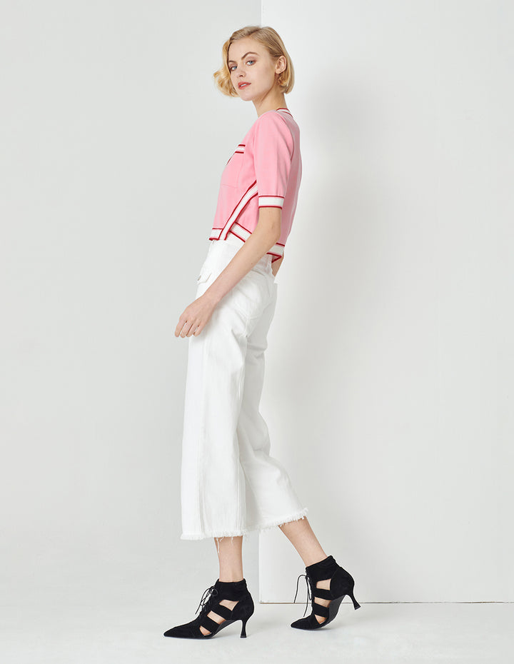 MARYLING Peach Pink Contrasting Rib-Knit Detail Cardigan