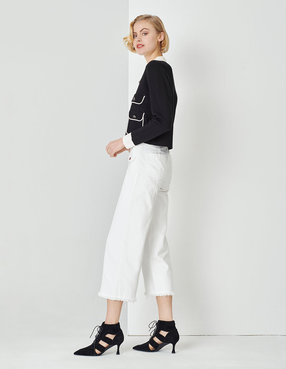 MARYLING Spring Black and White with Button Pocket Cardigan