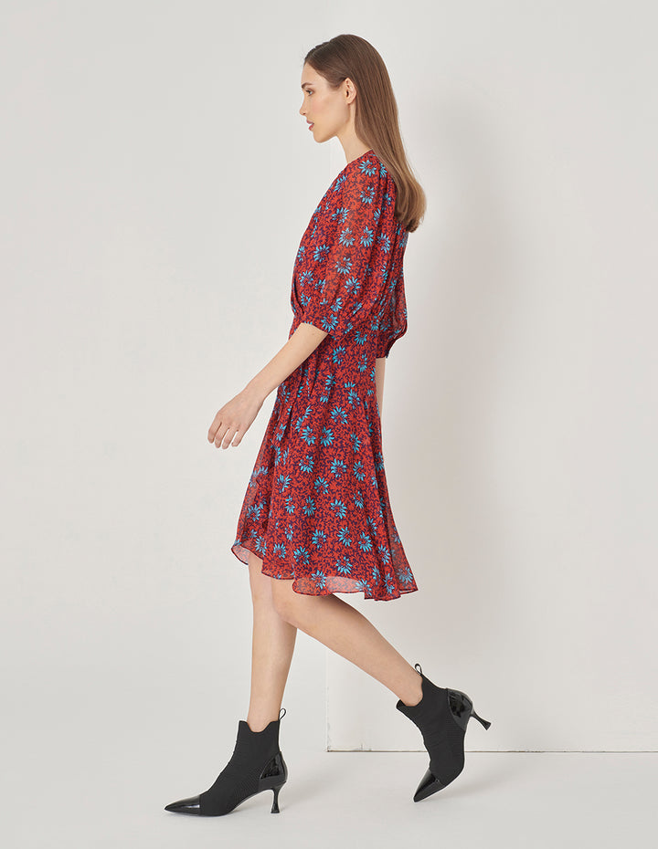 MARYLING Red Floral V-Neck Puff Sleeve Lace-Up Dress