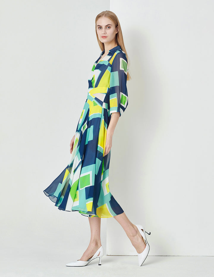 MARYLING Colourful Holiday Puzzle Art Plaid V-Neck Big Swing Georgette Dress