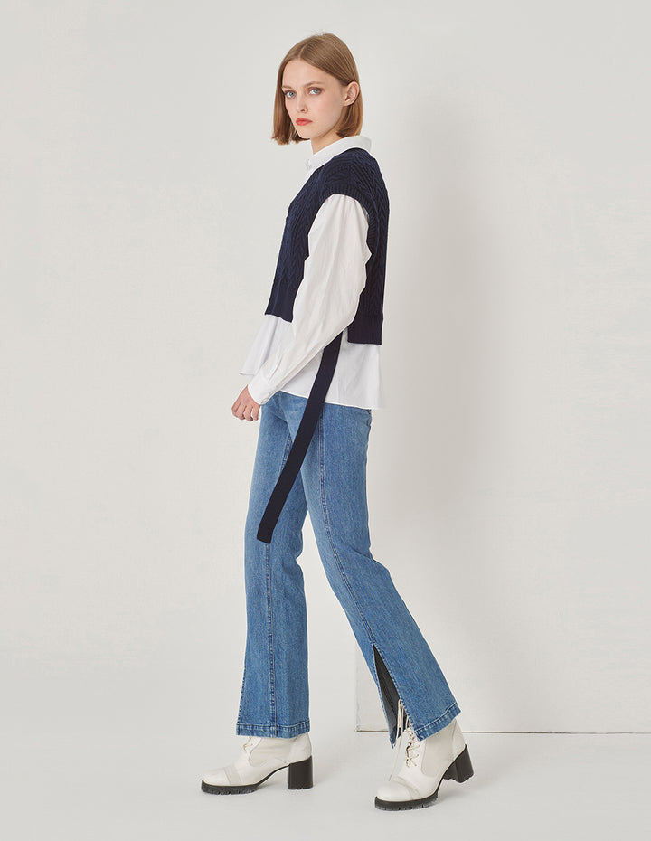MARYLING Blue And White Contrast Knit Woven Matching Sweatshirt